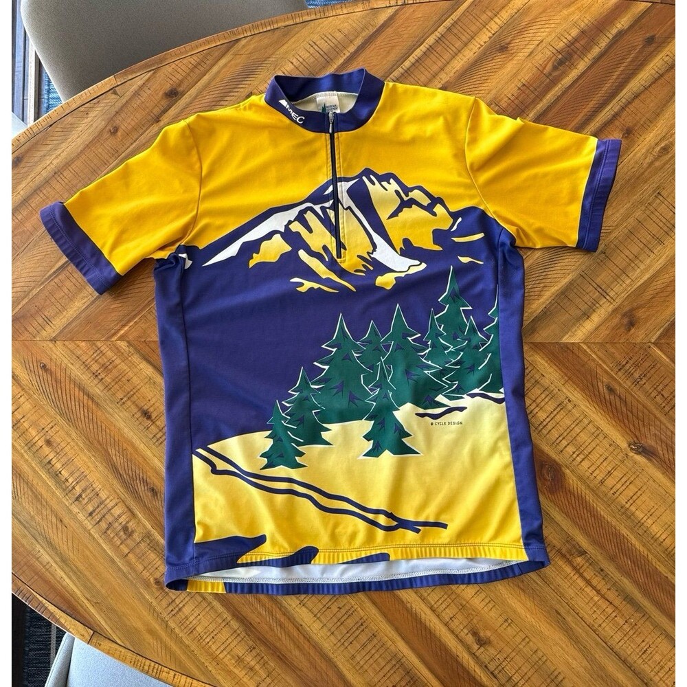 Mountain Equipment Co-Op MEC yellow purple green scenic cycling jersey men’s XL
